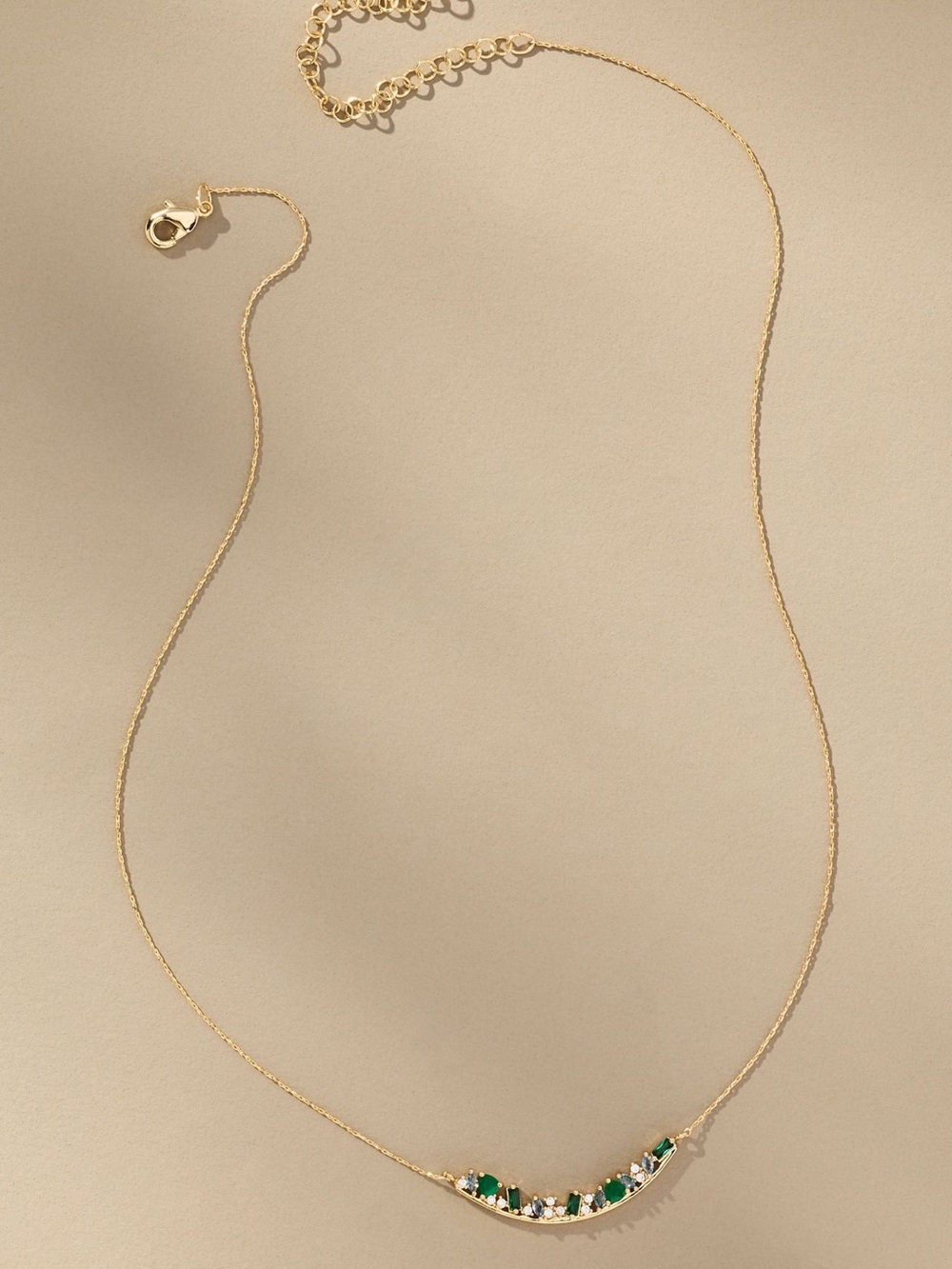 Anthropologie Gold Curved Bar Necklace Brass Green Accents NEW